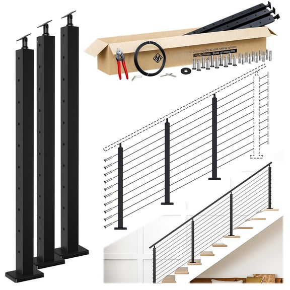 8-12ft Modular Black Cable Railing Kit 36 Inch 3 Stairplete Set System For Stairs Length Adjustable Easy Diy With Paperer Guide (no Handrail) Rw25