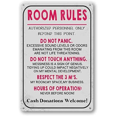 8*12inchs Room Rules Sign For Teen Girls Boy Bedroom/Gaming Room Door Decor Dorm Wall Accessories Cool Things, Funny Metal Tin Signs 12 X 8 In