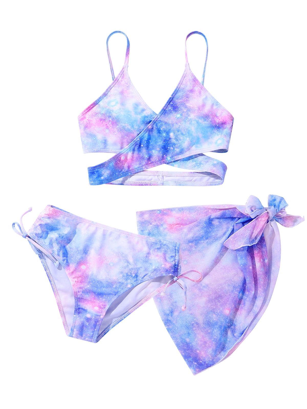 8-14T Girl's 3 Pieces Bikini Kids Wrap Swimsuit Swimwear with Cover Up ...