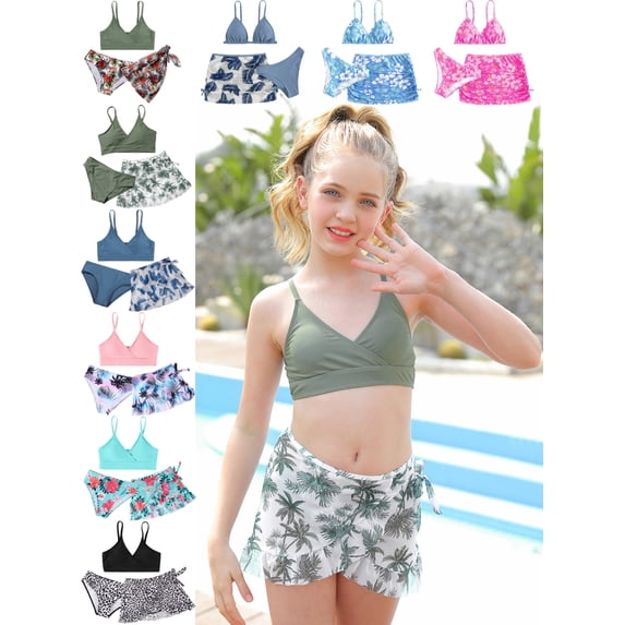 8-14T Girls Swimsuits 3 Piece Bathing Suit Printed Strap Bikini Set with Cover Up Skirt Beach Swimwear