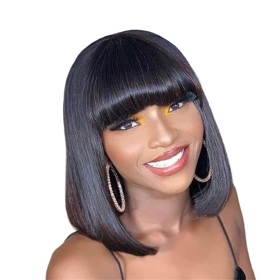 8-16 Inches Silky Straight  Bob Wigs with Bangs Short Full Machine Made Human Hair Wig 220% Density