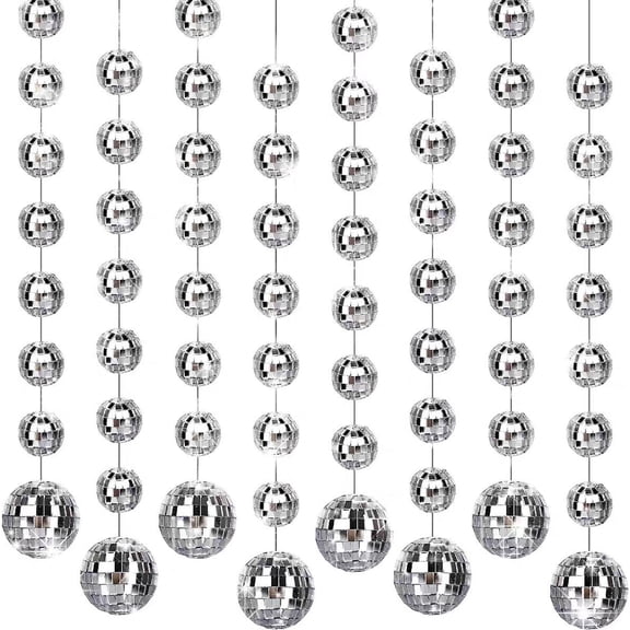 8/16 Pack Disco Party Decorations Mini Disco Ball Garlands, 1" 2" Reflective Silver Mirror Ball Hanging Disco Balls Streamer Curtains for Birthday Wedding Christmas Party Backdrop Supplies