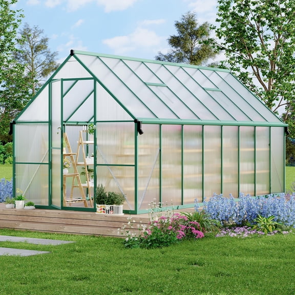 8*16FT Aluminum-Framed Polycarbonate Greenhouse, with Quick Setup Structure and Roof Vent, Enhanced Aluminum Greenhouses Kit for Outdoors,Green
