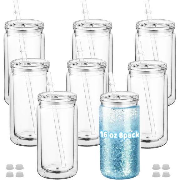 8 16oz Globe Tumblers with , Straws & Plugs, Double Wall Snowglobe Cups, Pre-Drilled Hole DIY Glitter Tumbler Supplies, Clear Globe Cups for Party Favors