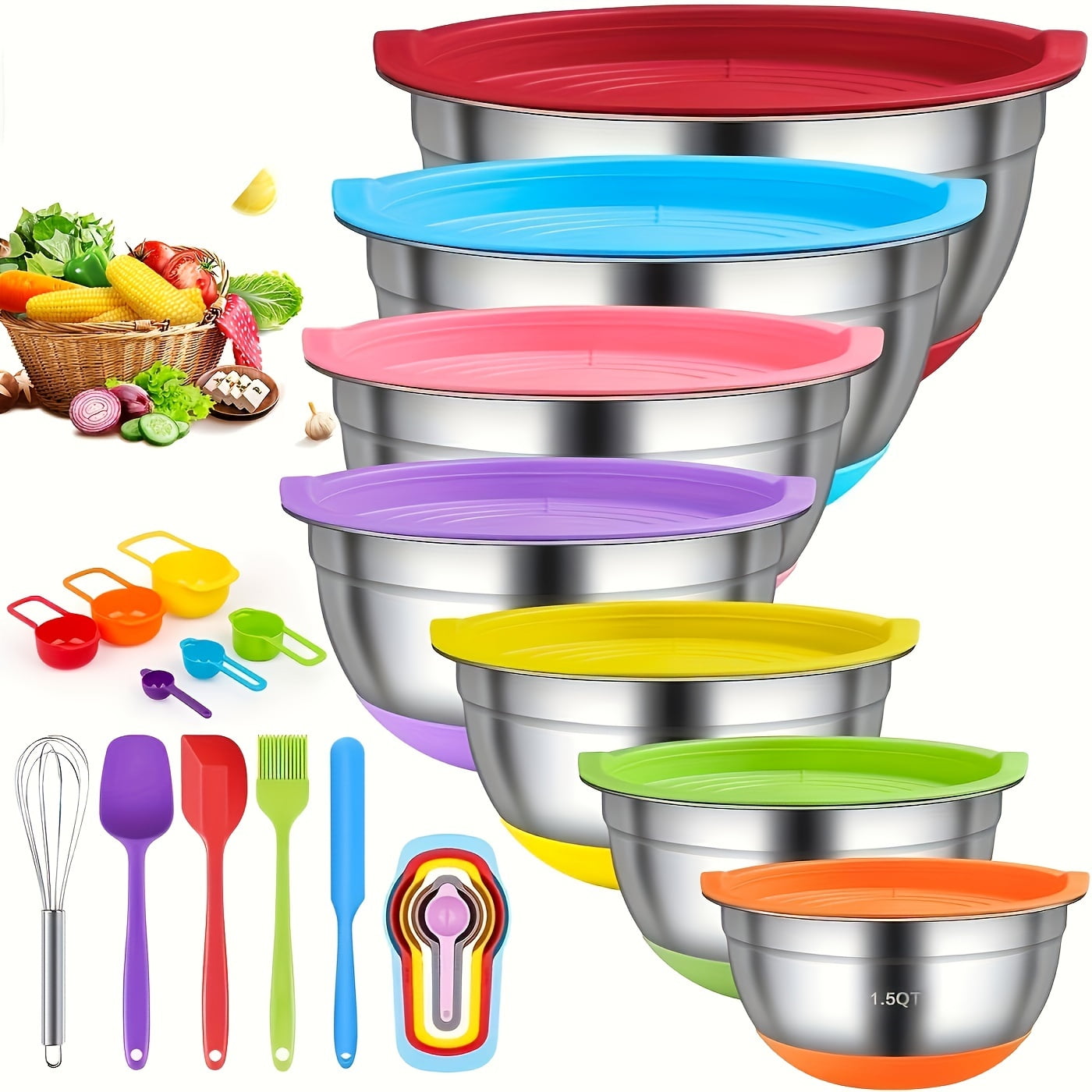 8/18pcs Stainless Steel Nested Bowls w/Sealed Lid, Anti-Slip Silicone ...