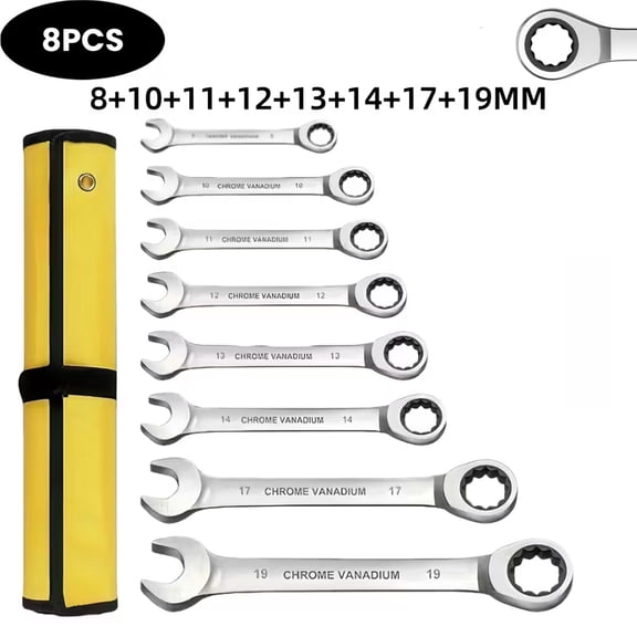 8-19mm, Ratcheting, CR-V Steel Combination Wrench 8 Piece