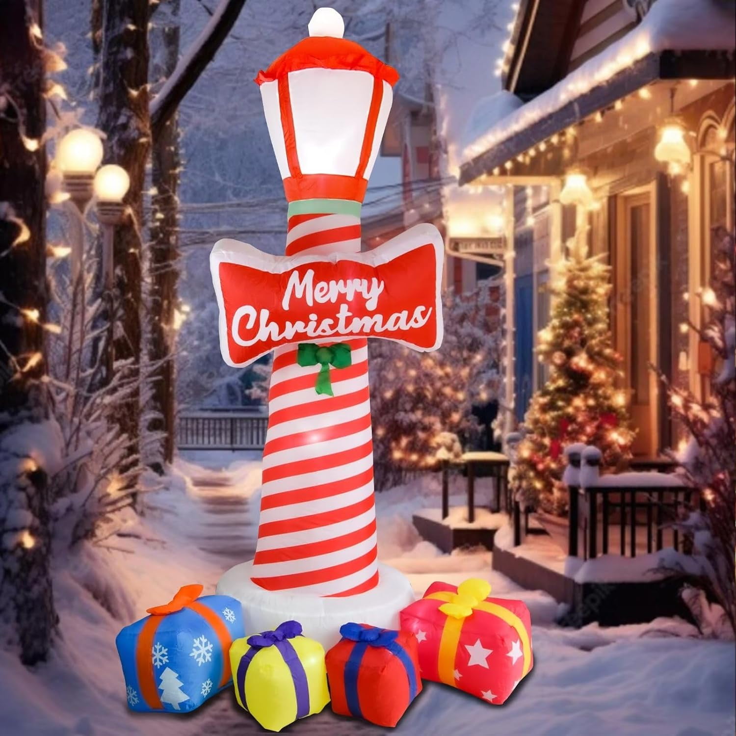 8.1FT Christmas Inflatable Lighthouse with Gift Boxs, Christmas Blow Up Yard Decorations