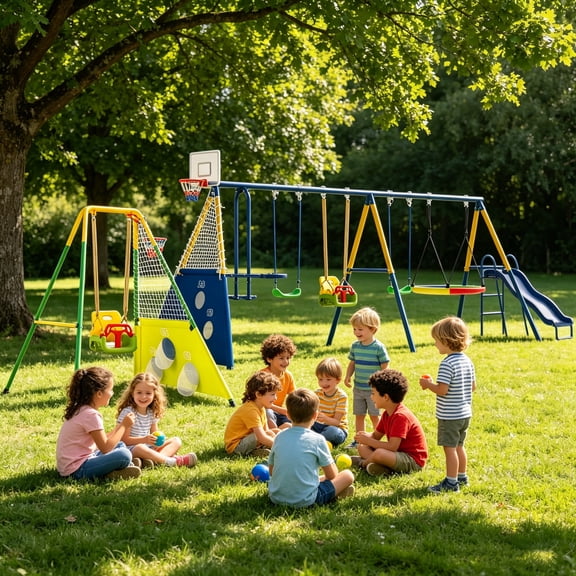 8 in 1Swing Sets +3-in-1Toddler Swing Sets for Backyard with Kids Slide Outdoor Heavy-Duty Metal Playset for Kids 650lbs Swing Set with Slide, Saucer Seat, Belt Seat, Soccer Goals and Basketball Hoop