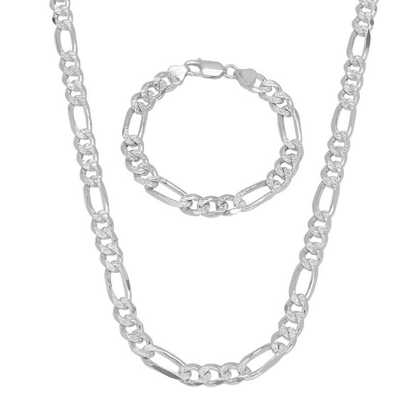 8.1mm .925 Sterling Silver Diamond-Cut Flat Figaro Chain Necklace + Bracelet Set, 30" (Necklace) + 7" (Bracelet)