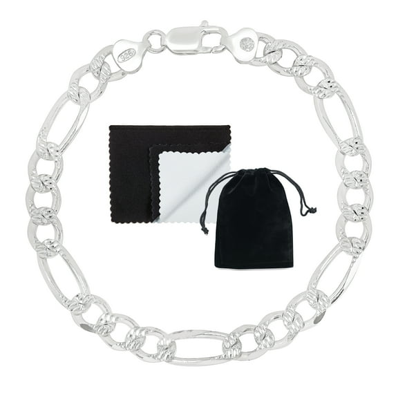 8.1mm Solid .925 Sterling Silver Flat Figaro Chain Bracelet, 9.5 inches