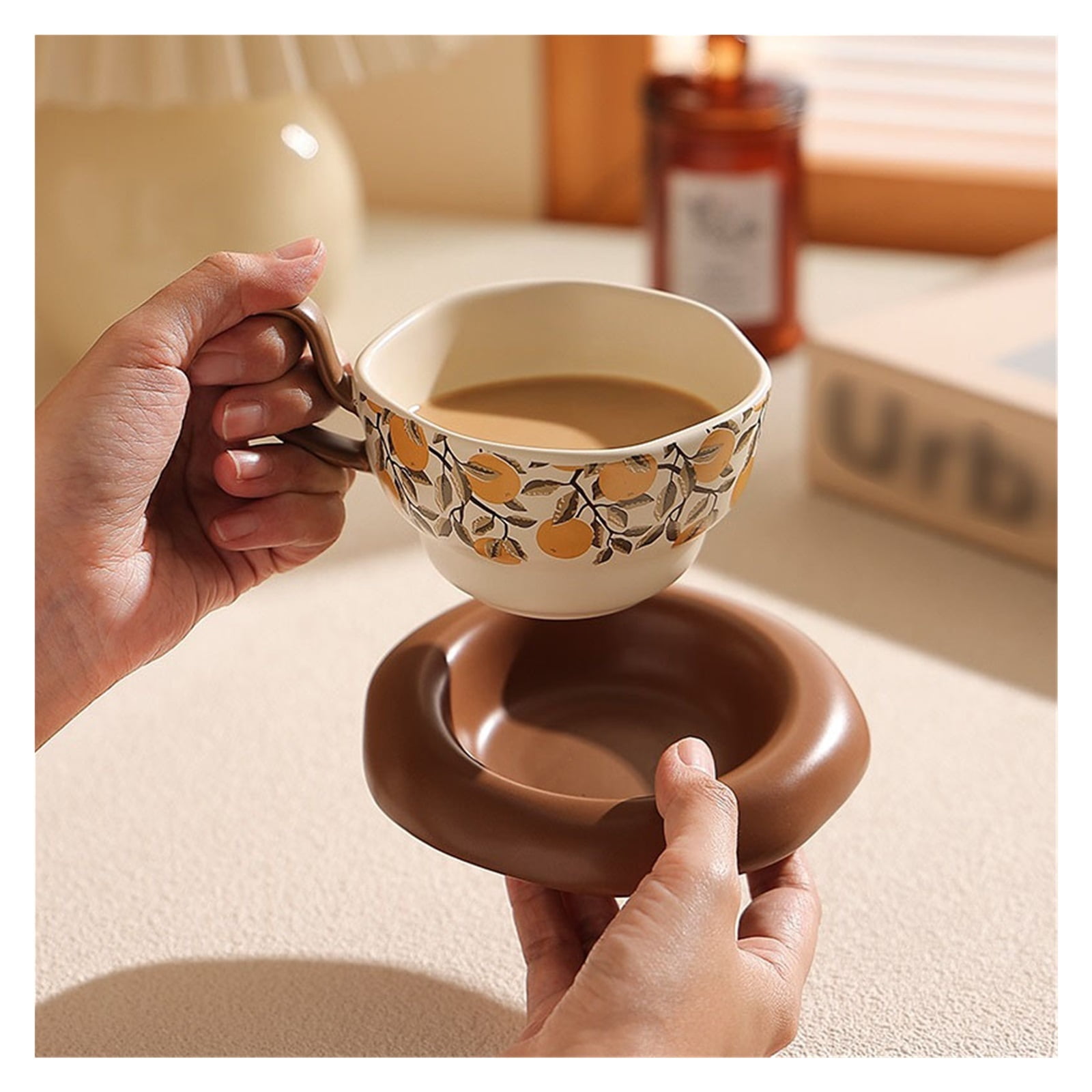 8.1oz Ceramic Coffee Mug with Saucer Set, Vintage Ceramic Latte Art Mug for Espresso, Milk, Americano