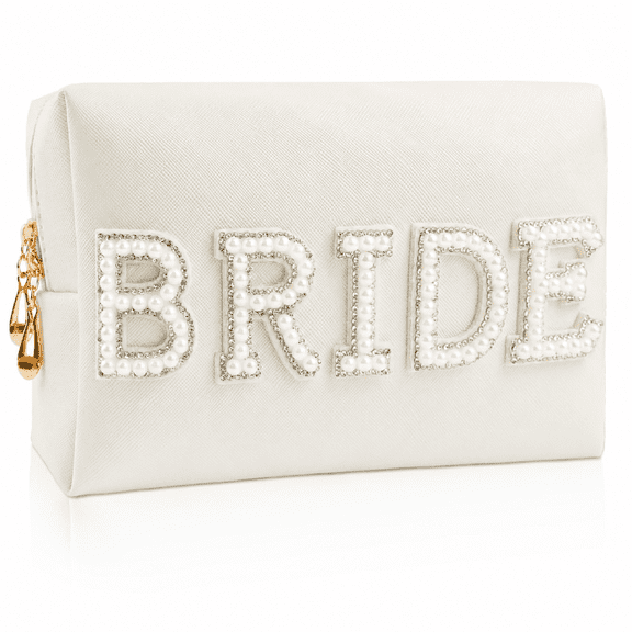 Makeup Bag Bride White Pearl Rhinestone Pu Leather Travel Toiletry Gift Wedding Bridal Bridesmaid