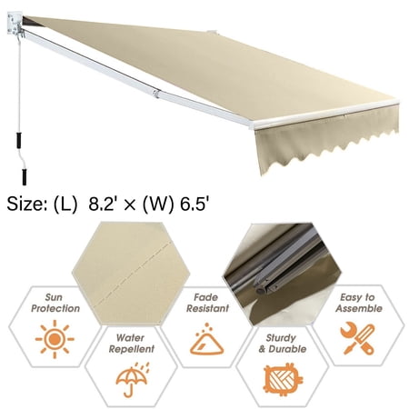 8.2'×6.5' Retractable Awning Aluminum Patio Sun Shade w/Crank Handle Water-Resistant Polyester Outdoor Patio Manual Awning Cover Beige white