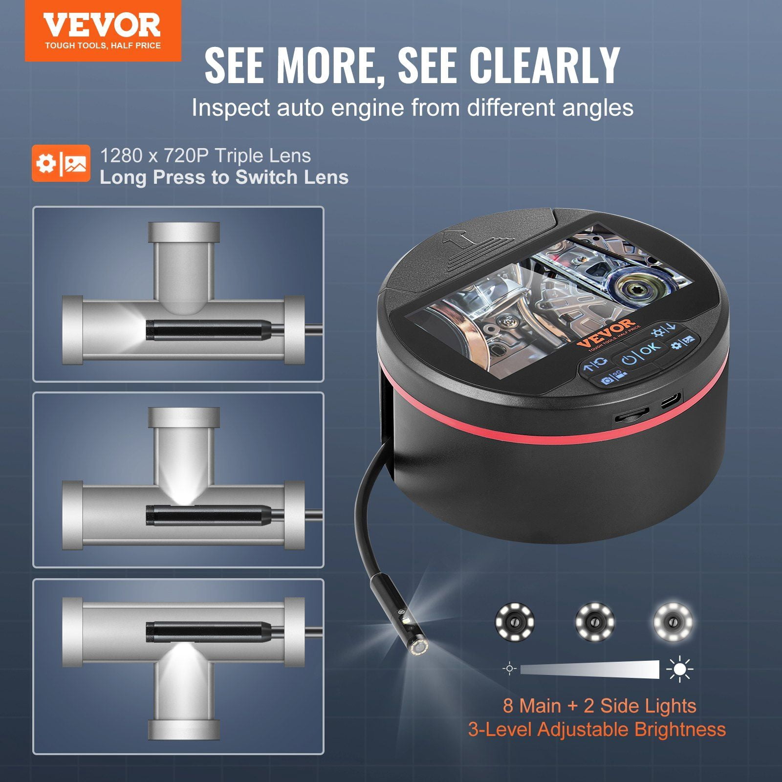 8+2 LED Borescope Camera, 4.3'' IPS Triple Lens Endoscope, Waterproof Inspection Camera for Plumbing, Wiring, DIY Projects