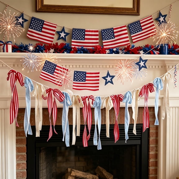 8.2 ft Red White and Blue Patriotic Bow Banner, 4th of July Ribbon Garland for Indoor Outdoor Memorial Day Veteran Independence Day Party Supplies