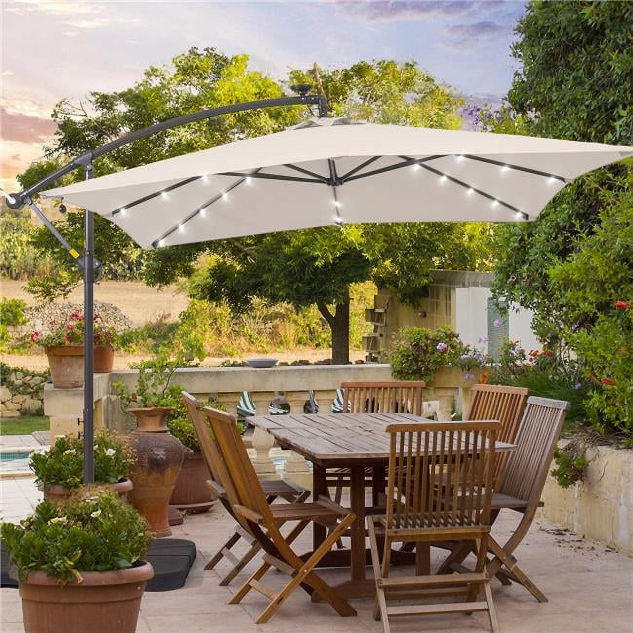 Beige Square Cantilever Umbrella with Charcoal Grey Steel Pole and LED Lights