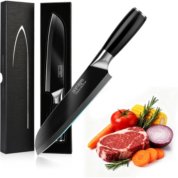 8"/20cm Santoku Knife, Japanese Hand Forged Chefs Knife High Carbon Steel Core with Wood Ergonomic Handle, Gift Box & Knife Sheath (Black)