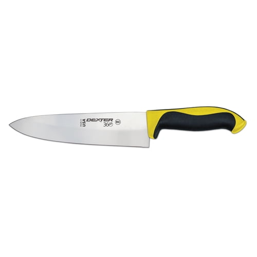 Dexter Russell S360-8Y-PCP Dexter 360 (36005Y) Cook's Knife, 8", stamped, straight edge, DEXSTEEL stain free, high carbon steel, polypropylene/Santoprene handle, yellow, NSF