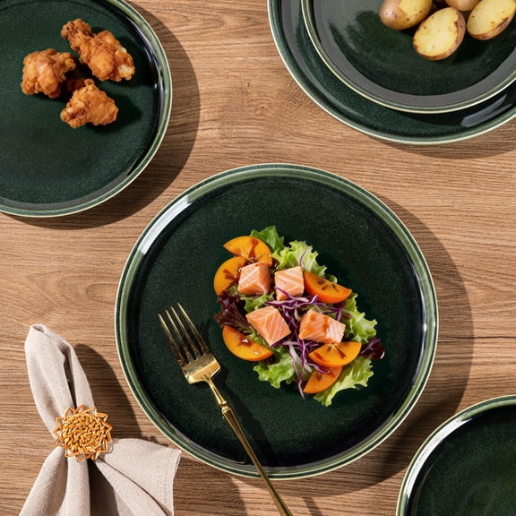 8, 24 Pieces Stoneware Plates and Bowls Sets, Scratch Resistant Dishes, Dishwasher & Microwave Safe, Reactive Glaze-Green Wheat