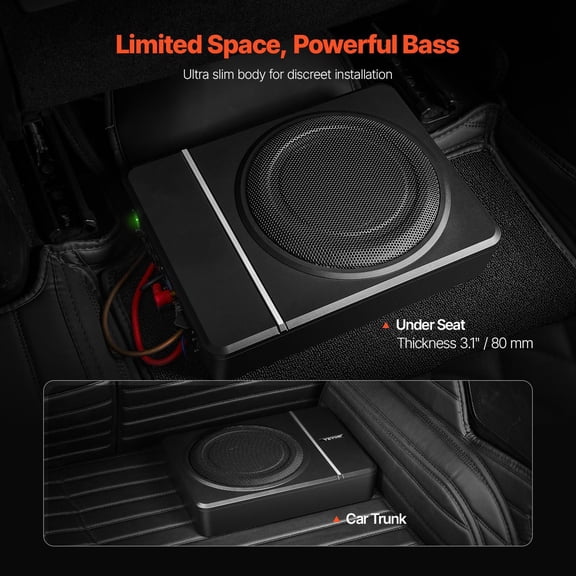 8" 240W Underseat Car Subwoofer Slim Powered Low Profile Audio Sub with Built in Amplifier High Low Level Input Volume Controller for SUV Car Truck RV