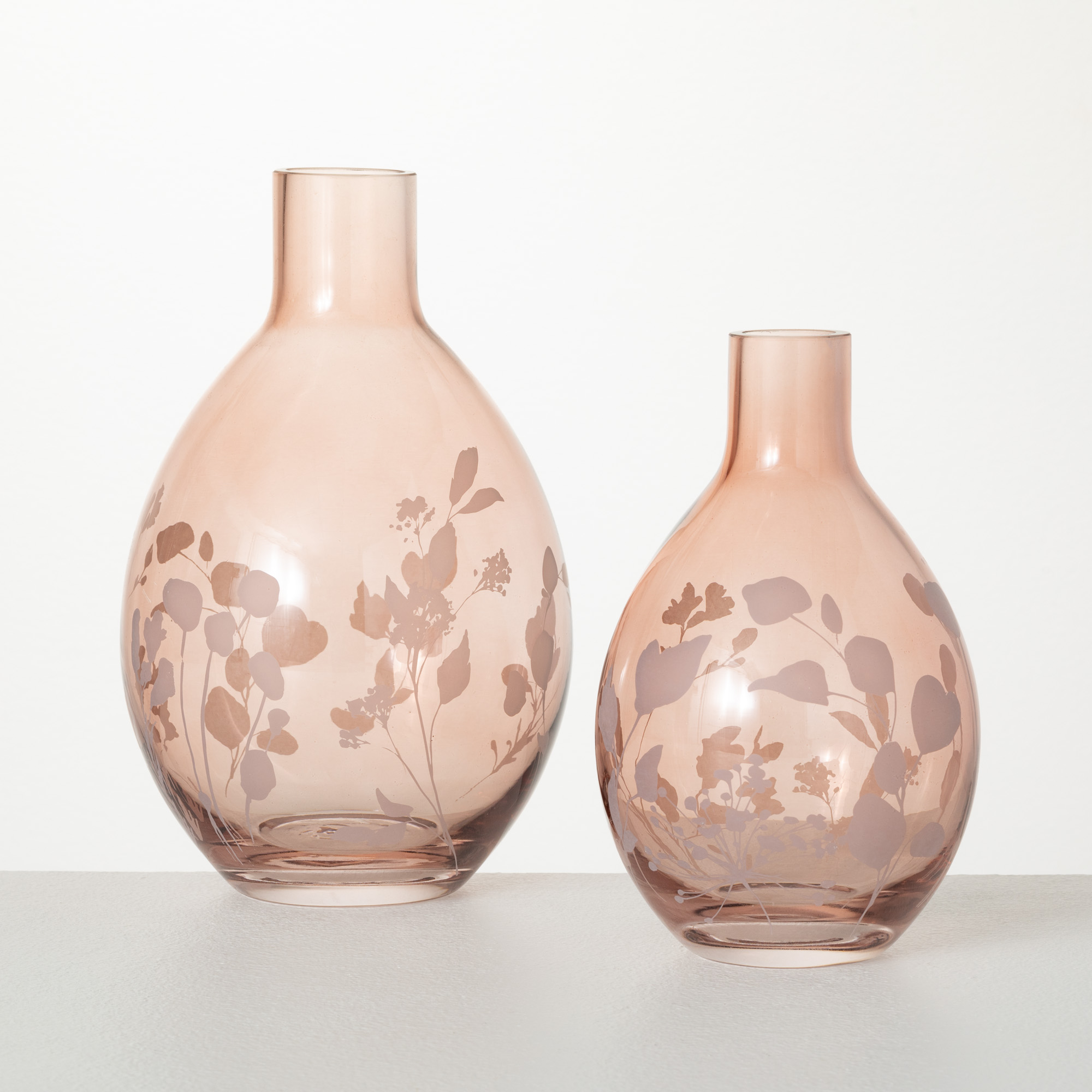 8.25"H Sullivans Etched Pink Glass Vase Set of 2, Pink