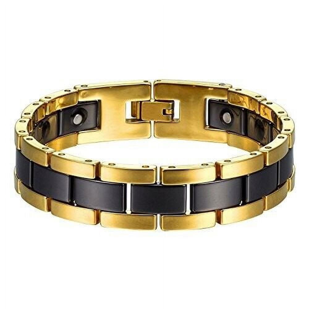 8.25" Mens Gold & Black Bracelet Two-Tone Tungsten Ceramic & Magnets and Fancy Box.