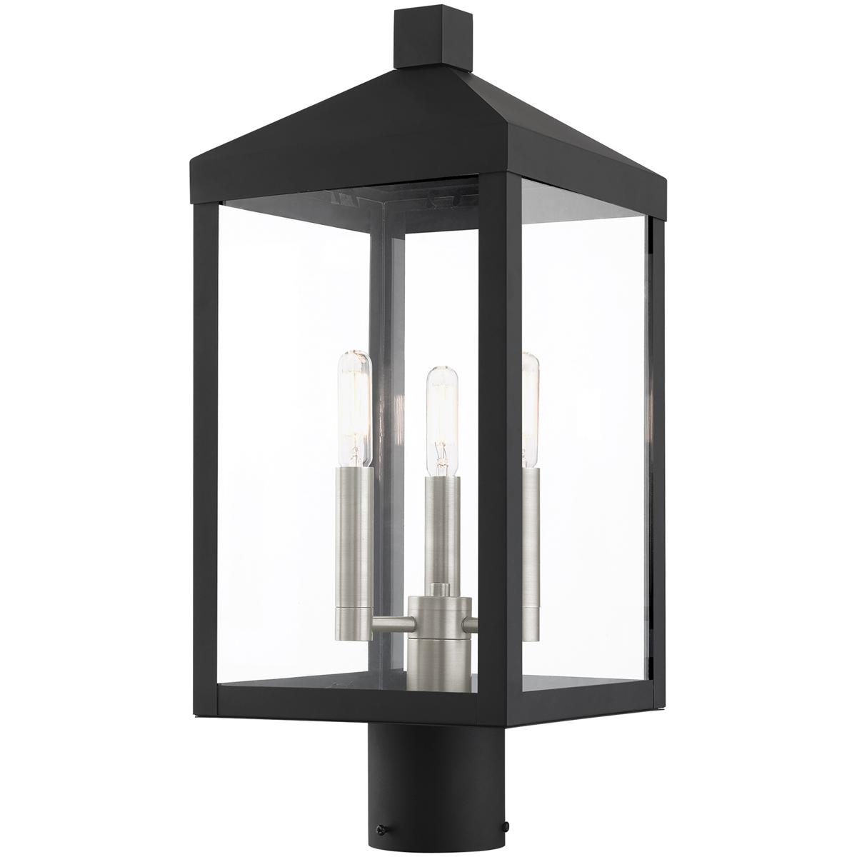 8.25 Sq. inch 3 Light Black Outdoor Post Top Lantern with Clear Glass Shade backed with Stainless Steel material for patio, front porch, entryway and more