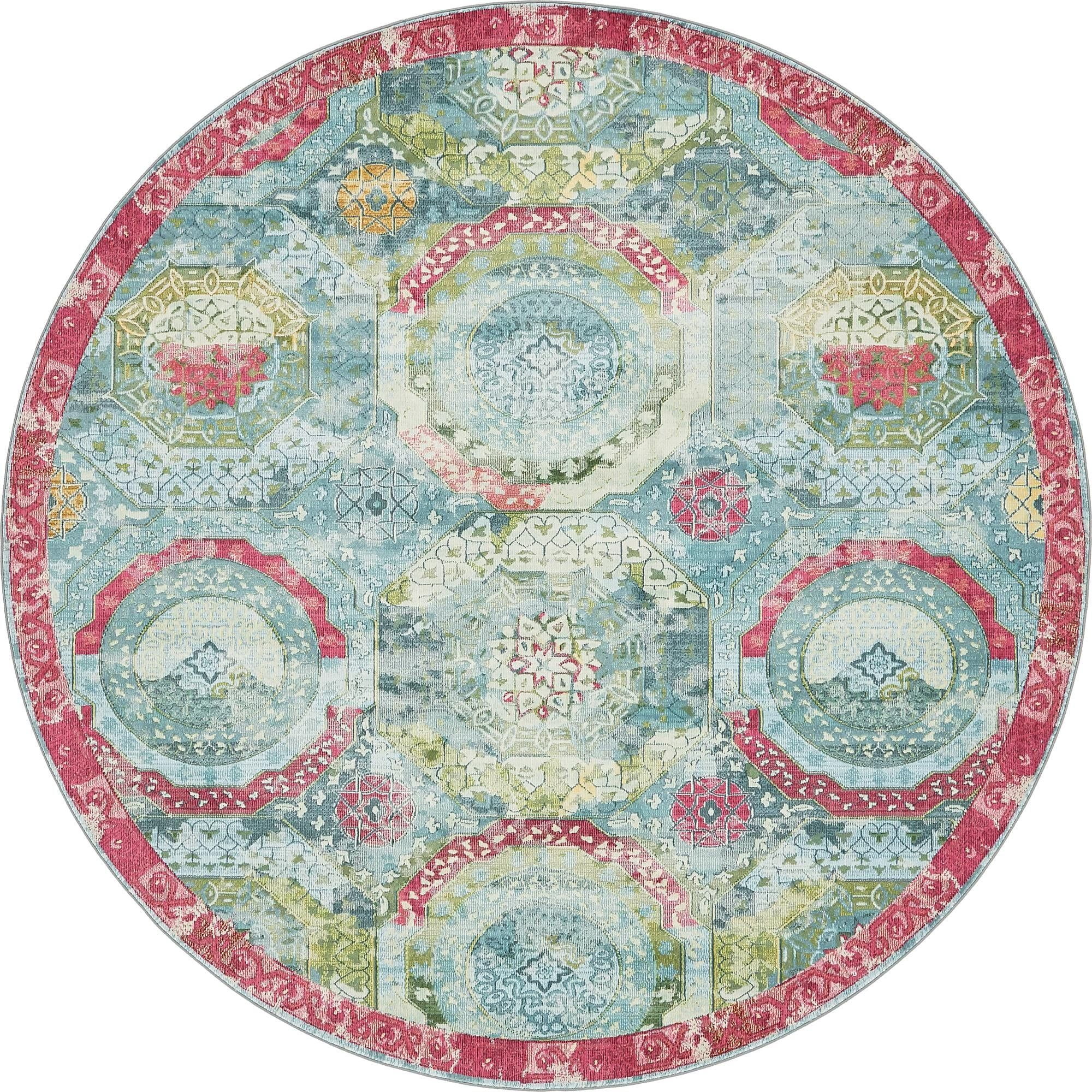 8.25' Turquoise Blue and Pink Floral Round Area Throw Rug