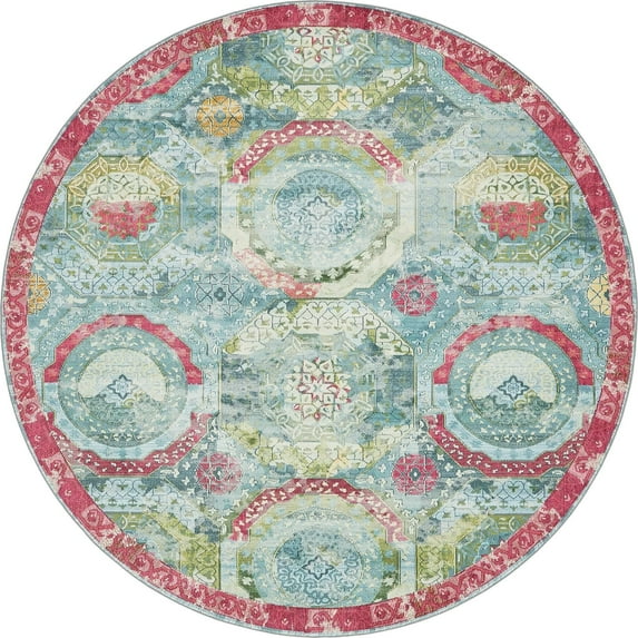 8.25' Turquoise Blue and Pink Floral Round Area Throw Rug
