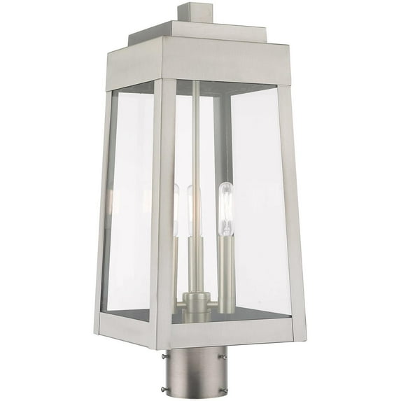 8.25 inch 3 Light Brushed Nickel Outdoor Post Top Lantern with Clear Glass Shade backed with Solid Brass material for patio, front porch, entryway and more
