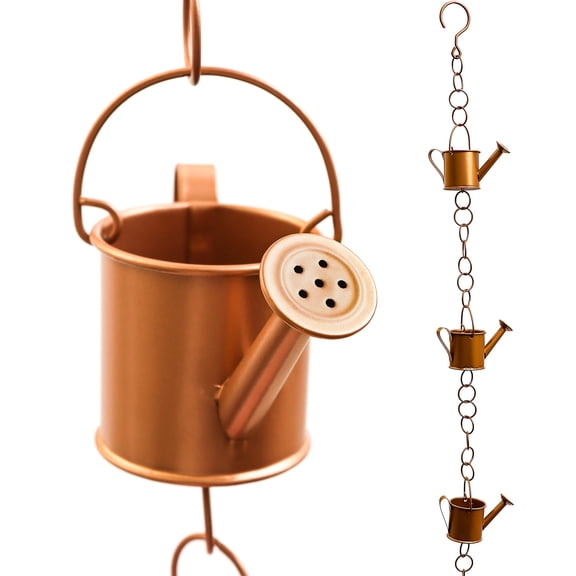 8.25ft Copper Colored Watering Can Rain Chain for Gutters & Downspouts, Outdoor Rainwater Diverter & Catcher