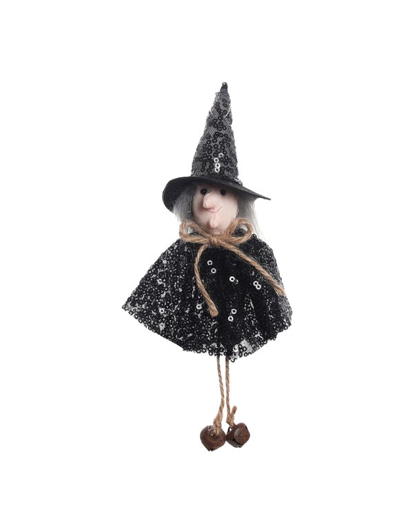 8.26 Inch Halloween Witch Doll Hanging Decoration, Sequin Bell Fabric Spooky Ornament, Keychain Party Decor for Tree Window Home Door Display - Black