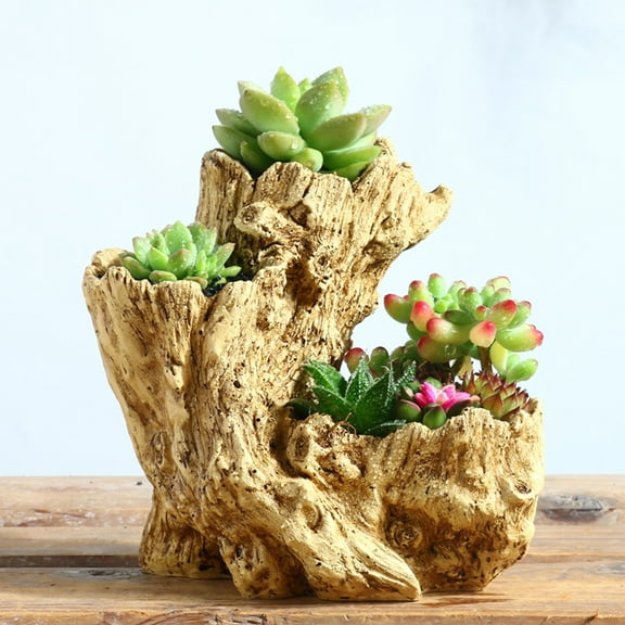 8.26x7.48x6.29 Inch Resin Stump Planter Artificial Stump Bonsai Multi-Plant Display Pot Miniature Faux Stump Flowerpot (Yellow)