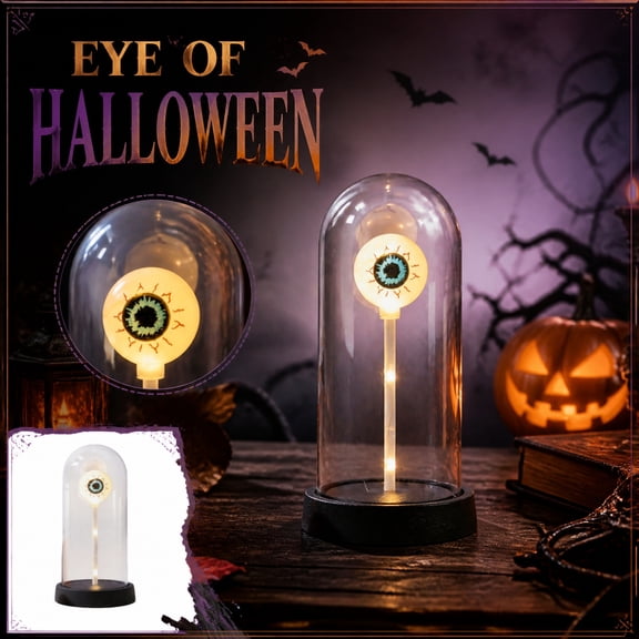 8.27" Halloween Eyeball Light, LED Spooky Eyeball Lamp in Glass Dome, Battery Operated Decorative Light for Halloween Party Home Decoration (white)