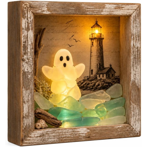 8.27" Light up Halloween Decorations - Shadow Box, 3D Wooden LED Night Light Diorama, Rustic Fall & Gothic Room Decor Display Case for Wall, Mantel & Tabletop (Tower)