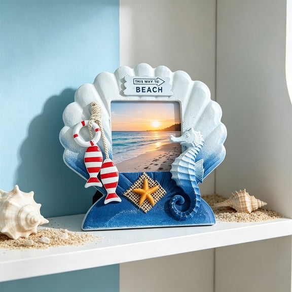 8.27x7.48 Inch Mediterranean Fish Scallop Wooden Photo Frame, Anti Tip Wide Base Smooth Safe Edges Decor, Multi Shape 3 Inch Picture Display Stand, For Bathroom Vacation Rental Nautical Home Layout