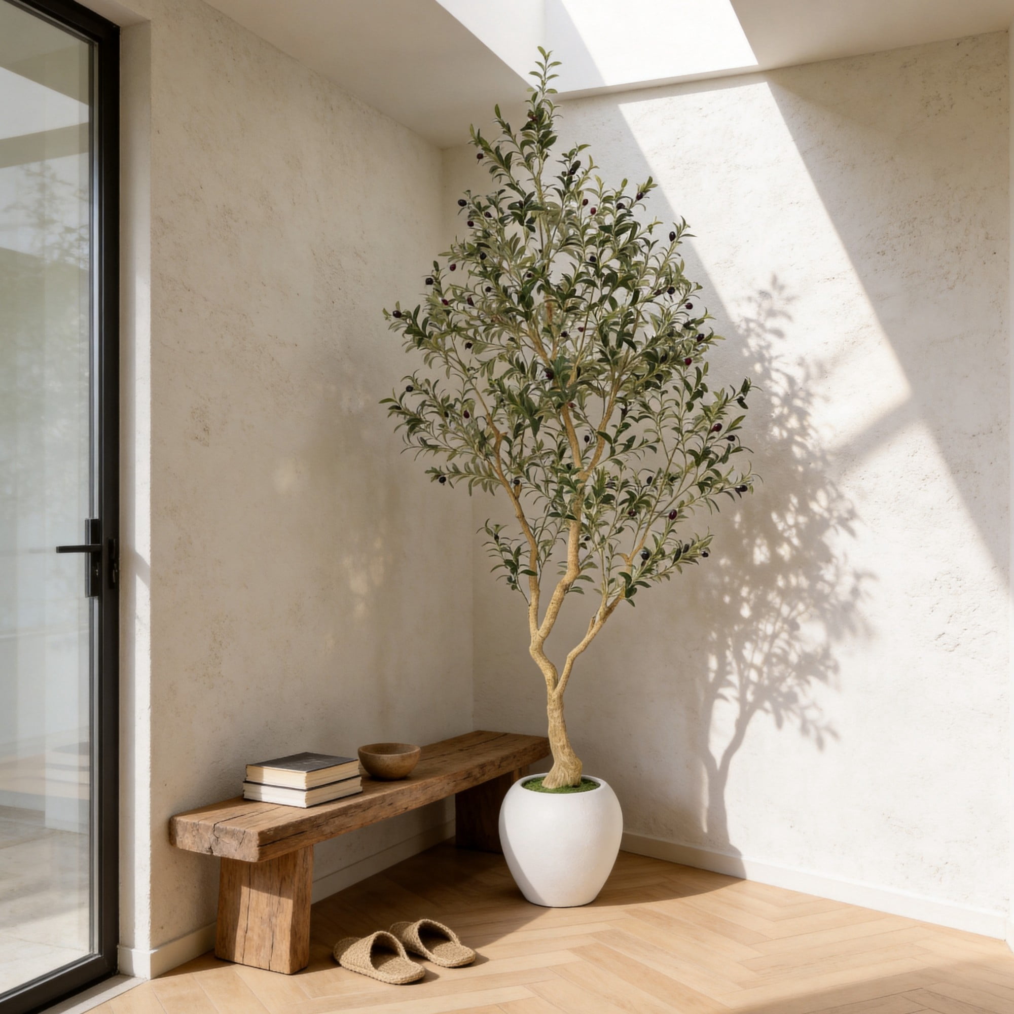 8.2FT Artificial Olive Tree with White Pot,Natural Trunk Realistic Leaves Lifelike Faux Floor Plant for Home House Office Decor