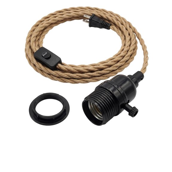 8.2FT Hemp Rope Plug in Pendant Light Cord - with On/Off Switch & E26 Socket, Industrial Hanging Light Cord for Easy DIY Installation, Bulb Not Included