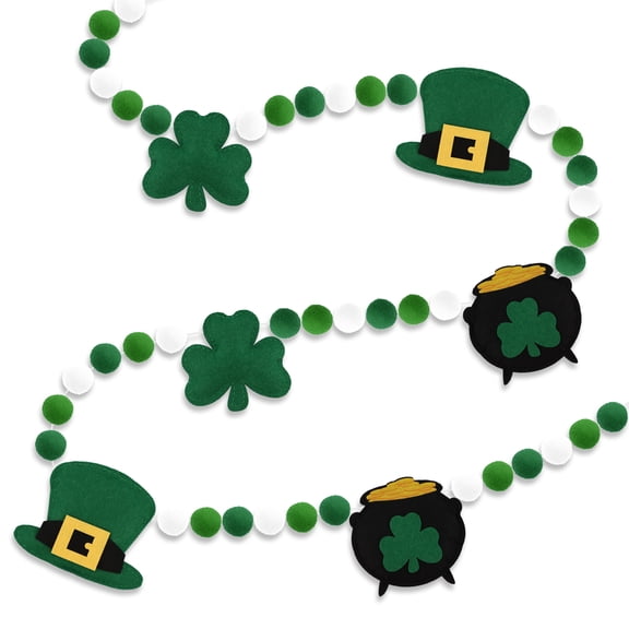 YIBAGA 8.2Ft St. Patrick's Day Garland Felt Pom Banner Shamrock Green White Ball Clover Irish Hanging Bunting Decor Home Decoration