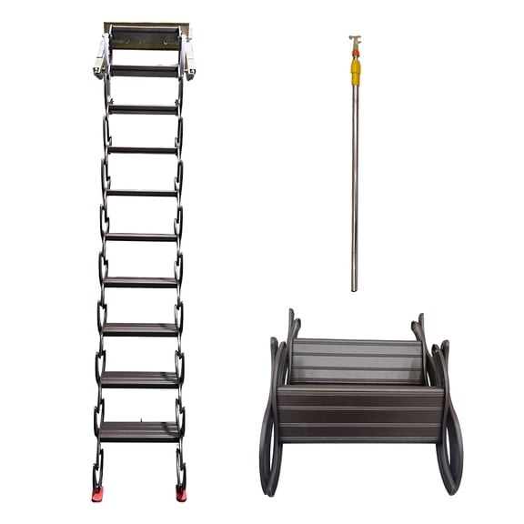 8.2ft Attic Pull Down Ladder Stairs Hidden Folding Loft Ladder Stairs 10+2 Steps Chocolate Al-Mg Alloy 660LB Loading Capacity