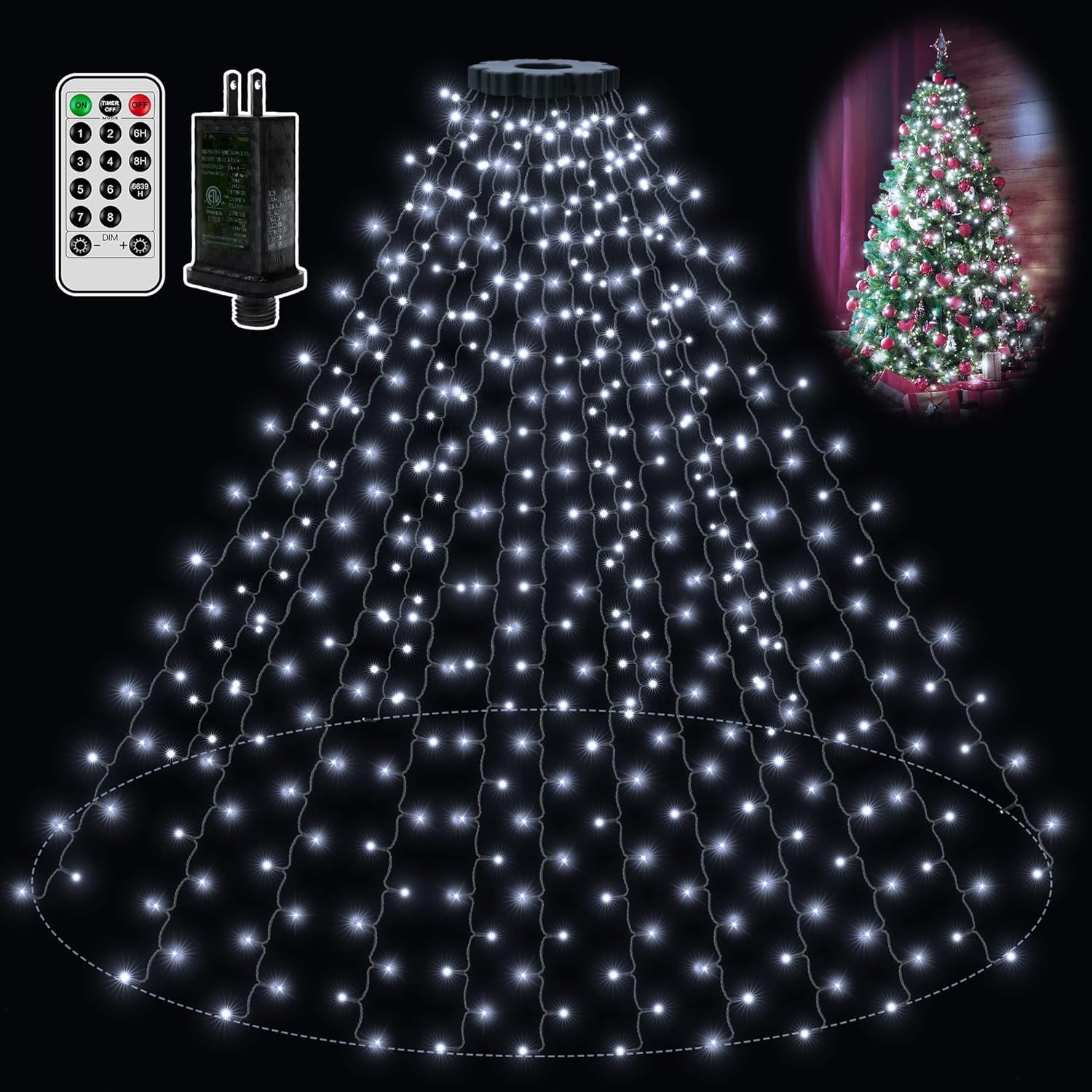 8.2ft Cool White Christmas Tree with 400LEDs, 16 Strings, 8 Lighting