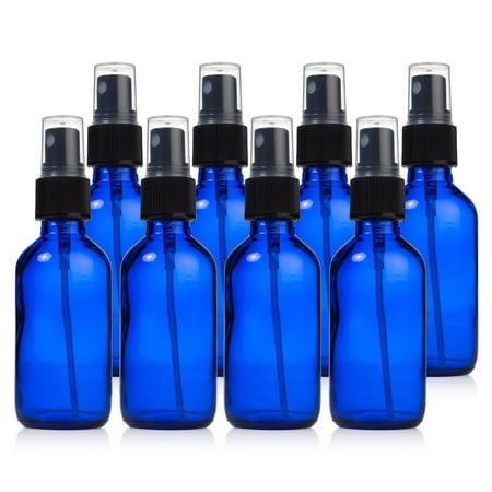 8 - 2oz Cobalt Blue Boston Round Glass with Black Fine Mist Sprayer