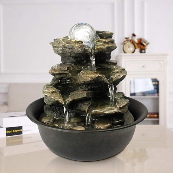 8.3" High 4-Tier Cascading Rock Falls Tabletop Water Fountain with LED Light & Spinning Ball - Indoor Small Waterfall Feature for Office, Home and Bedroom Desktop Decor Dark Grey