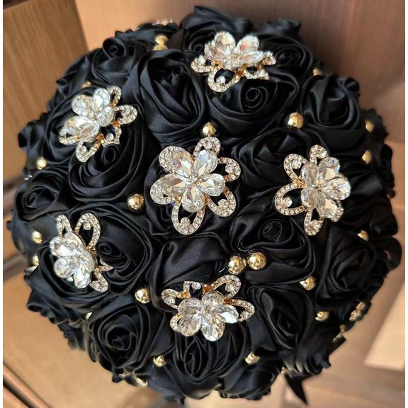 8.3 Inch Handmade Satin Bridal Bouquet Toss Round Wedding Throw Artificial Flower Bunch Black