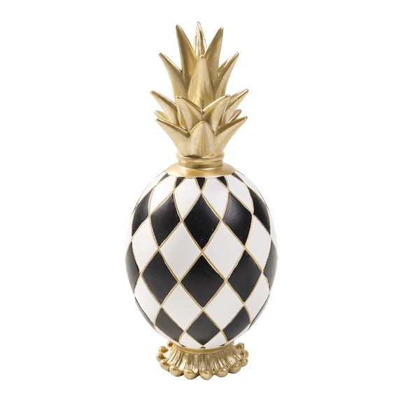 8.3 Inch Resin Pineapple Figurine, Black White Checkered Gold Geometric Entryway Tabletop Decor