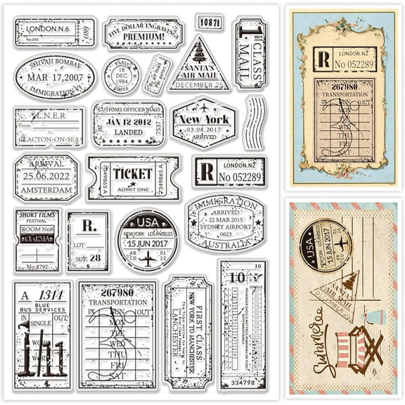 8.3 by 11.7 Inch Vintage Air Ticket Large Clear Stamps Retro Style Postage Silicone Stamps for Cards Making DIY Scrapbooking Photo Album Decoration