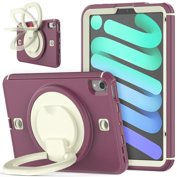 8.3 inch iPad Mini 6 Case with Built-in Screen Protector, Kids Shockproof Heavy Duty Rugged 360 Rotating Handle Stand Protective Cover, Deep Red/Beige