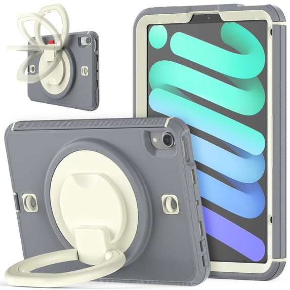 8.3 inch iPad Mini 6 Case with Built-in Screen Protector, Kids Shockproof Heavy Duty Rugged 360 Rotating Handle Stand Protective Cover, Gray/Beige