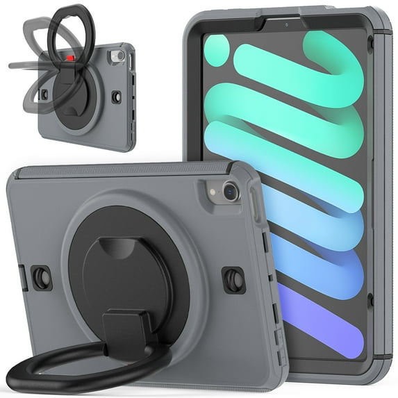 8.3 inch iPad Mini 6 Case with Built-in Screen Protector, Kids Shockproof Heavy Duty Rugged 360 Rotating Handle Stand Protective Cover, Gray/Black
