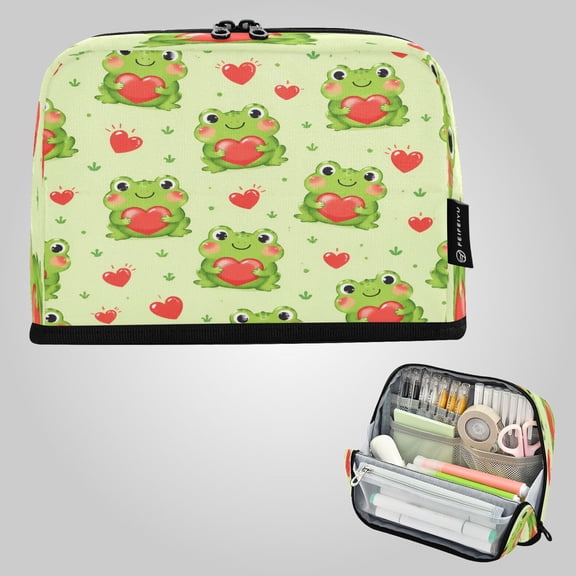 8.3"x5.9" Large-Capacity Multi-Pocket Vertical Pencil Case Adorable Frog Hearts Design